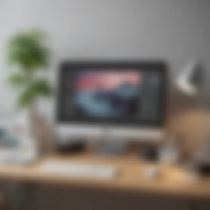A creative workspace with a PC displaying graphic design projects