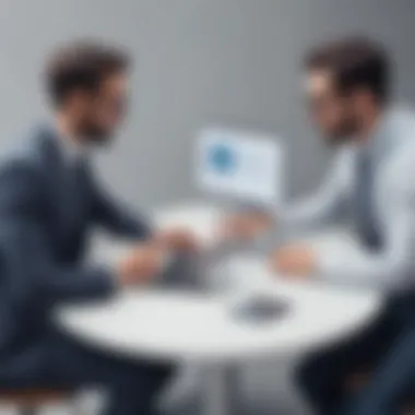 Business Discussion on Development Solutions Business professionals discussing software development solutions